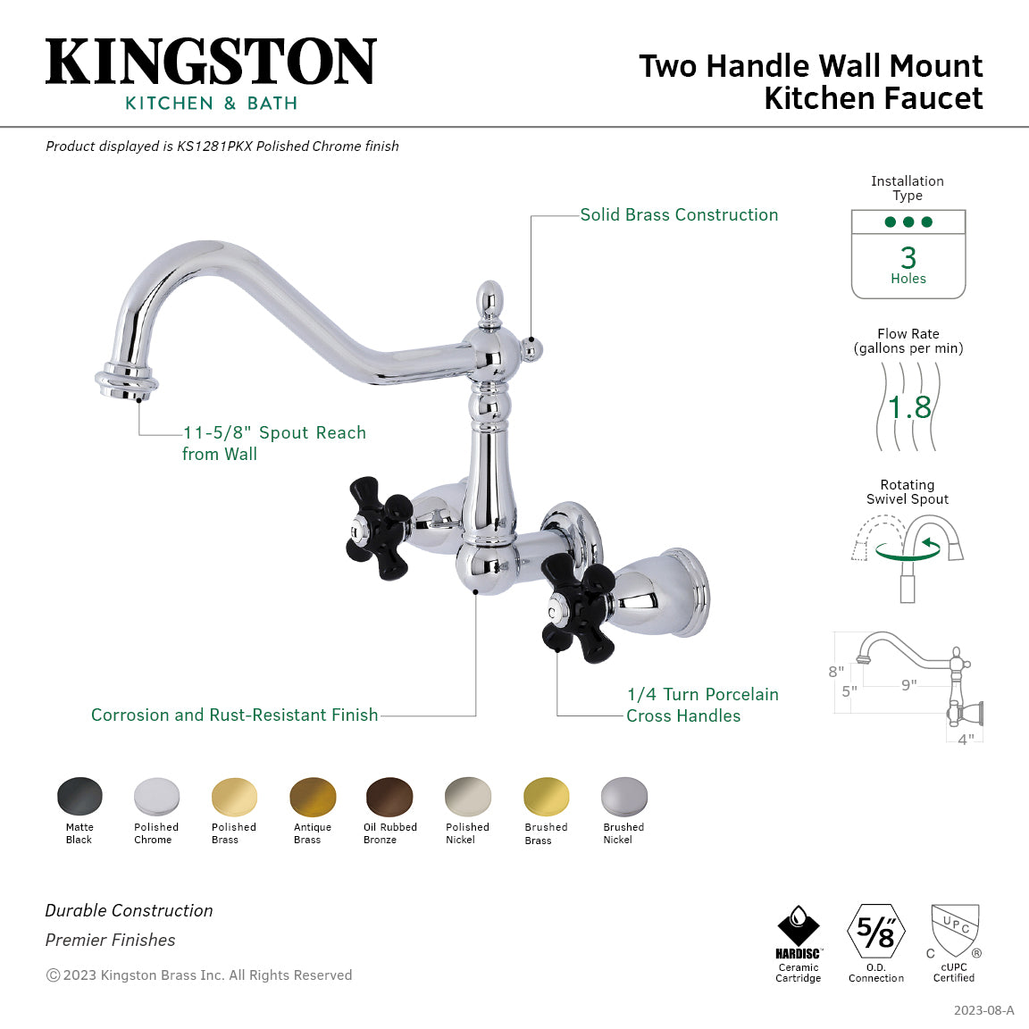 Kingston Heirloom KS1283PKX - Duchess Two-Handle 3-Hole Wall Mount Kitchen Faucet, Antique Brass — thumbnail 2